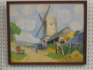 A 1930's impressionist watercolour drawing "Mill with Miller and Sacks of Flour" monogrammed HS 12" x 15"