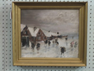 19th Century oil on canvas "Blizzard Scene with Figures" 10" x 11" indistinctly signed