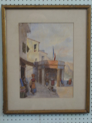 19th Century watercolour "Colonial French Town with Well Head" 14" x 10"