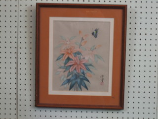 20th Century Oriental painting on silk "Butterfly by Orchid" 10" x 8"