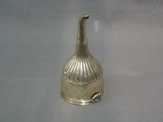 A Georgian III silver wine funnel with demi-reeded decoration, detachable strainer and shell thumb piece, London 1816, makers mark AF, 3 ozs (some light damage to spout)