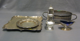 A square silver plated salver on bun feet 9", an oval plated dish frame 8", a do. sugar sifter 7", a French salt and a circular silver plated dish 6"