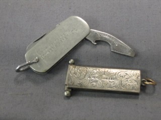 A cigar cutter contained in an engraved silver case and a miniature advertising pocket knife with The Compliments of Hooper & Ashby Ltd