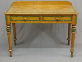 A Victorian pine side table with raised back and simulated malachite inlay, fitted 2 frieze drawers and raised on turned supports 42"