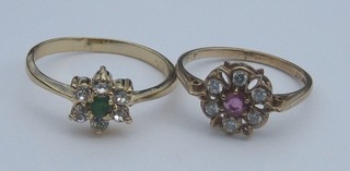 A lady's gold dress ring set green and white stones and 1 other set pink and white stones