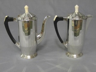 An Art Deco silver plated coffee pot and matching cream jug with beach handles and ivory finials