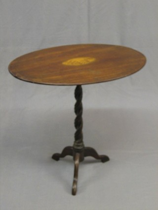 A 19th Century inlaid mahogany oval wine table, raised on spiral turned column and tripod base 26"