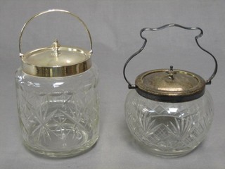 2 circular cut glass biscuit barrels with plated mounts
