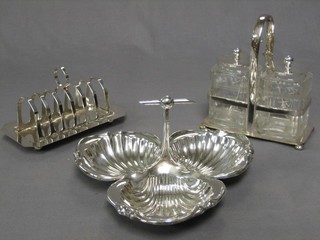 A 3 section silver plated hors d'eouvres dish, a silver plated 7 bar toast rack and 2 preserve jars raised on a silver plated stand
