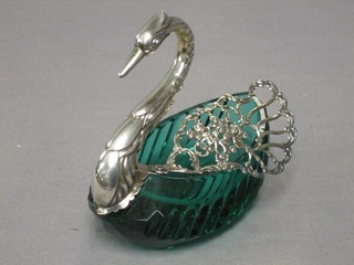 A German blue glass and pierced silver plated salt in the form of swan 4"