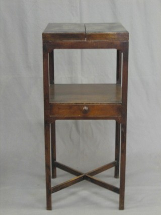A Georgian mahogany square 3 tier wash stand with hinged lid, the base fitted a drawer, with X framed stretcher