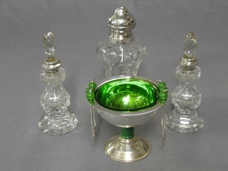 A pair of cut glass scent bottles with silver collars, 1 other and an Art Deco circular silver pedestal cherry dish complete with cocktail sticks and green glass liner
