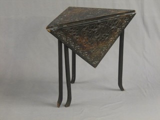 A Victorian carved oak triangular folding corner table by Hewitson Milner & Thexton of Tottenham Court Road 27"