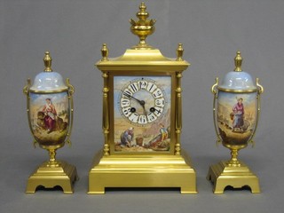 A handsome French 19th Century 3 piece gilt metal and enamel mounted clock set, the striking clock with enamelled dial and porcelain panels decorated fisherfolk surmounted by a lidded urn, together with 2 side pieces decorated fisherfolk