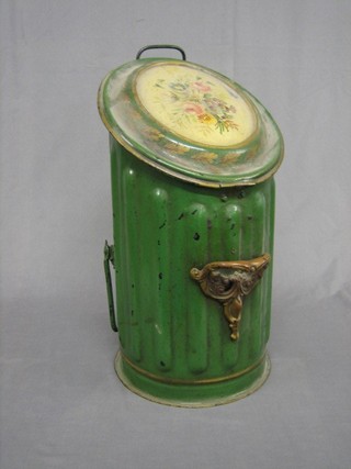 A Victorian green painted cylindrical metal coal box with hinged lid