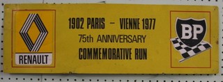 A  1977 aluminium and enamelled Renault BP advertising sign for the 75th Anniversary Commemorative run 1902 Paris - Veteran 1977 Run, 7" x 22"