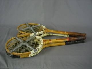 2 Dunlop Maxplay tennis rackets complete with a Zephyr presses,a  Slazenger Queens racket with aluminium press and a Grays of Cambridge tennis racket with Dunlop press