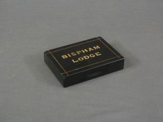 A rectangular black marble paperweight marked Bispham Lodge 5" (slight chips to corner)
