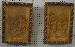 A pair of 19th/20th Century plaster relief plaques "The Battle of Ravenna" 11" x 7" contained in a decorative gilt frames