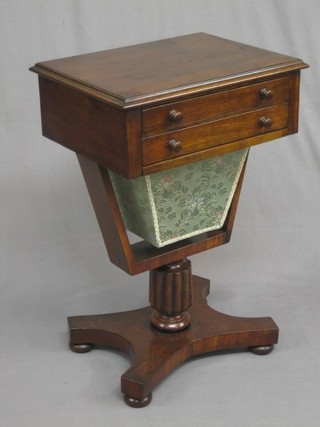 A William IV rectangular mahogany work table, fitted 2 short drawers above a deep basket, raised on a turned and reeded column with triform base 20"