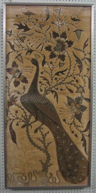 A 18th Century style silk and wool work picture "Peacock Amidst Branches" 42" x 19"
