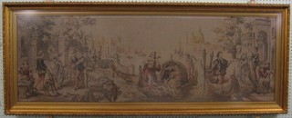 A machine made tapestry panel "Canal Scene with Terrace and Figures" 18" x 58"