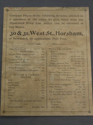 A 19th/20th Century list of prices from a  shop at 30-31 West Street, Horsham, possibly a butchers, together with a dry cleaning ticket for George Dendy 6, 7 and 8 Middle Street and Carfax Horsham