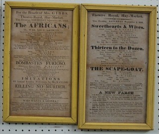 2 19th Century theatre bills for The Theatre Royal Haymarket "The Africans Bombastes Furioso and Killing on Monday, War Love and Duty" Tuesday September 10th 1812 and 1 other The Theatre Royal Haymarket "Sweethearts and Wives Thirteen to the Dozen, The Scape Goat" for Saturday 2nd September 1826 12" x 7"