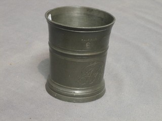 A Victorian quart pint pewter beaker marked Walter Parry, monogrammed and with engraved base 3"