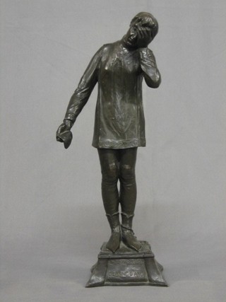 A 19th Century bronze figure of a standing chained Joan of Arc, base marked to the front L'Abjuration de Jeanne D'arc and to the reverse Rouen Anno Domini MCCCCXXXI, 18"