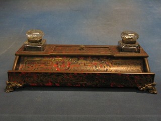 A fine quality 19th Century red Boulle ink stand, set 2 cut glass bottles with double pen receptical, raised on bracket feet 14"