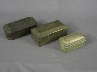A 19th Century Eastern engraved lozenge shaped box with hinged lid 8" (hinge f) and 2 other metal antique boxes