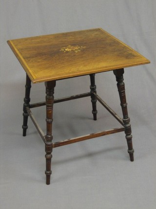 A Victorian square inlaid rosewood occasional table, raised on turned supports united by a box framed stretcher 23" (some damage and repair to top)
