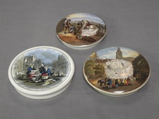 A Prattware pot lid, figures with horses 4", a circular Prattware pot lid Continental market scene with figures 5" and 1 other pot lid