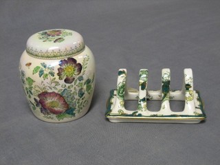A modern Masons Ironstone green floral pattern ginger jar and cover, the base with green Masons mark 4" and a similar toast rack 5"