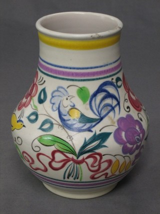A circular Poole Pottery vase decorated birds amidst branches decorated by Leslie Elden, the base with dolphin mark, 6 1/2"