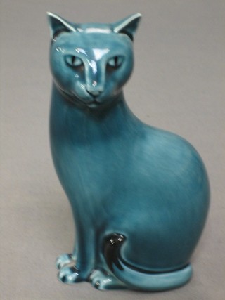 A blue glazed Poole Pottery figure of a seated cat 6 1/2"