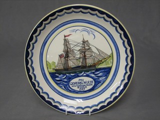 A circular Poole Pottery plate decorated the two masted brig "General Wolf Newfoundland Trade Poole 1797", 11"