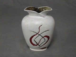 A St Ives Art Pottery white glazed vase with red stylised decoration, the base signed JL, 6"