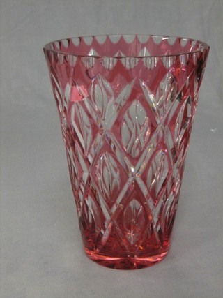 A cut glass trumpet shaped vase with overlay decoration 9"
