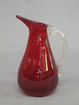 A Whitefriars red jug with clear glass handle 8"