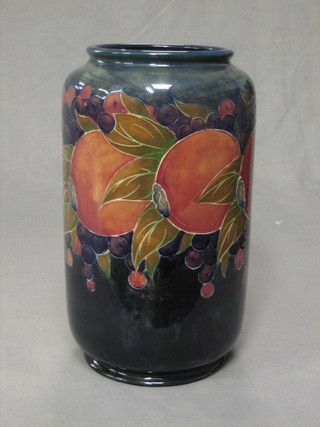 A Moorcroft pomegranate pattern cylindrical shaped vase, the base with signature mark, impressed Moorcroft 10" (rim r)