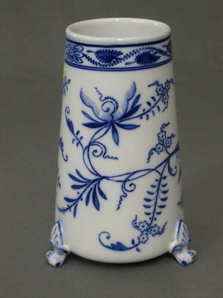 A Villeroy & Bosch cylindrical blue and white pattern vase, raised on 3 scroll feet, 7"