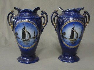 A pair of 1930's twin handled blue glazed vases decorated yachts 13" (1 chipped)