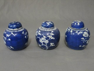 3 19th Century blue and white ginger jars decorated prunus