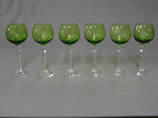 6 green etched glass hock glasses