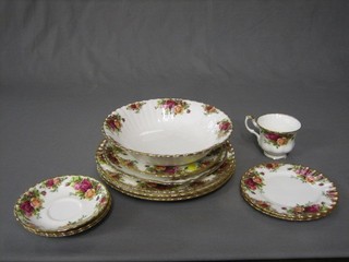 A 12 piece Royal Albert Old Country Rose pattern tea service with 9" circular bread plate, 3  dinner plates 10" (1 chipped), a 9" bowl, a side plate 8", 2 tea plates 6 1/2", 3 saucers and 1 cup
