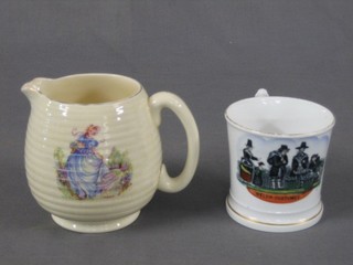 A 1930's pottery jug decorated a girl in a Crinoline dress 4" and a Victorian porcelain mug