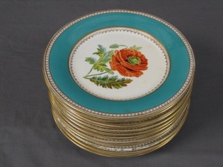 A set of 12 19th Century porcelain dessert plates with gilt and turquoise banding and floral decoration to the centre  (6 cracked and some rubbing to the gilding) 