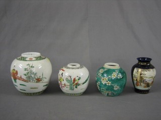 An Oriental ginger jar decorated court figures 6", 2 others and a late Satsuma vase 6"